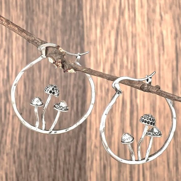Mushroom Earrings Hoop 3D Silver Boho Alice Wonderland Trippy Stylish Hippie NEW - Picture 3 of 4